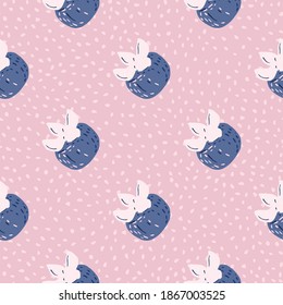 Tender seamless fruits pattern with abstract blue persimmon ornament. Pink dotted background. Great for fabric design, textile print, wrapping, cover. Vector illustration.