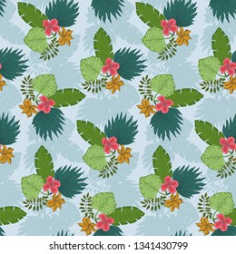 Tender seamless pattern with colorful tropical leaves and flowers bouquets. Trendy exotic plants texture for textile, wrapping paper, surface design, wallpaper, background