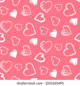 Tender seamless pattern with cute grunge white scribbled hearts on pink background. Lovely doodle texture for St. Valentines or wedding design, textile, wrapping paper, cover, wallpaper