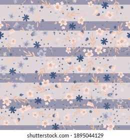 Tender seamless pattern with doodle little random flowers and foliage silhouettes. Striped light purple background. Graphic design for wrapping paper and fabric textures. Vector Illustration.