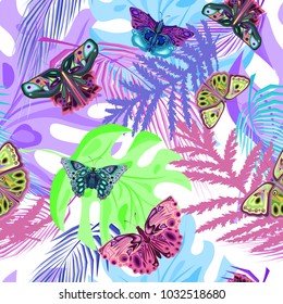 Tender seamless pattern with exotic leaves and butterflies, vector illustration