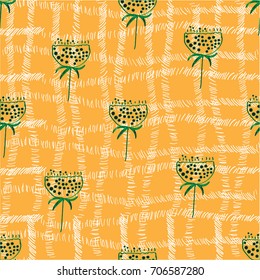 Tender seamless pattern flower pattern, twig with seeds painted in naive style, seed lotus on yellow background with white dashes in a row. Freehand drawing vector design, modern stylish texture.

