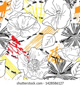 Tender seamless pattern of flowers. Abstract modern stripes motif. Camomiles sketch drawing. Trending contrast vector seamless pattern. Ink grunge blobs, daubs, stains.
