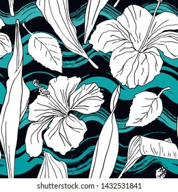 Tender seamless pattern of flowers. Abstract modern stripes motif. Camomiles sketch drawing. Trending contrast vector seamless pattern. Hand drawn waves seamless pattern