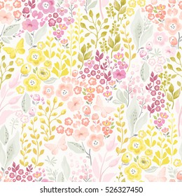 Tender seamless pattern with flowers and butterflies. Vector floral illustration in vintage style.