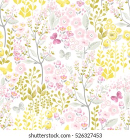 Tender seamless pattern with flowers and flying butterflies. Vector spring illustration in vintage style.