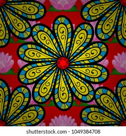 Tender seamless pattern with flowers. Gentle, spring floral on black, yellow and red colors. Vector illustration. Vector floral illustration in vintage style.