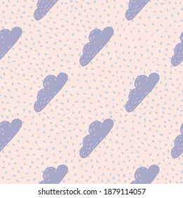 Tender seamless pattern with hand drawn purple clouds. Pink pastel dotted background. Decorative backdrop for fabric design, textile print, wrapping, cover. Vector illustration.