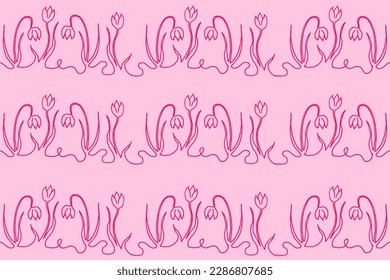 Tender seamless pattern with line art snowdrops on pink background. Wallpaper and bed linen print.