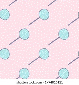 Tender un patrón impecable con ornamento de lollipop. Los caramelos azules con fondo de color rosa suave. Perfecto para papel pintado, textil, papel envolvente, impresión de tela. Ilustración vectorial.