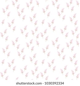 Tender seamless pattern with pink bell flowers on white background. Floral print for fabric, textile, wrapping paper. Vector illustration.