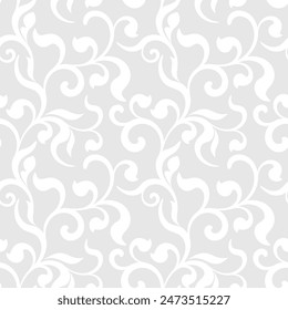 Tender seamless pattern with swirls and leaves on a gray background. Texture for wallpaper, home decor, textile, package design or invitation