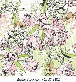 Tender seamless pattern with tulips and narcissus