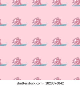 Tender seamless wildlife pattern with childish snails elements. Pink and blue colored animals on light pink background. Great for fabric design, textile print, wrapping, cover. Vector illustration.