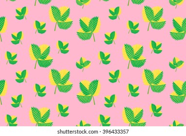 tender shoots of strawberry leaves on a pink background seamless vector pattern illustration