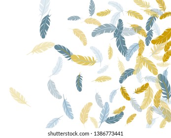 Tender silver gold feathers vector background. Lightweigt plumelet windy floating pattern. Wildlife nature isolated plumage. Fluffy twirled feathers on white design.