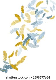 Tender silver gold feathers vector background. Decorative confetti of festive plumelet. Plumage trendy fashion shower decor. Flying feather elements airy vector design.