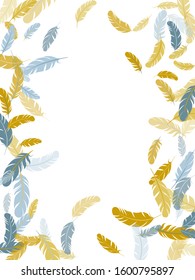 Tender silver gold feathers vector background. Bird wing plumage boho line art. Detailed majestic feather on white design. Decoration confetti of carnival plumelet.