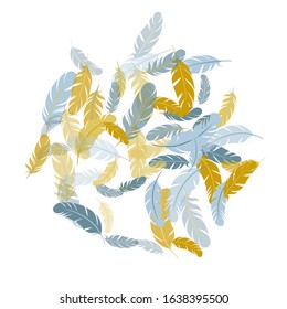 Tender silver gold feathers vector background. Easy plumelet ethnic indian graphics. Plumage trendy fashion shower decor. Fluffy twirled feathers on white design.