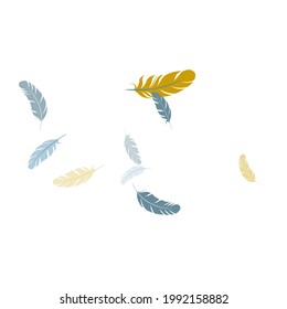 Tender silver gold feathers vector background. Flying feather elements airy vector design. Easy plumelet ethnic indian graphics. Wildlife nature isolated plumage.