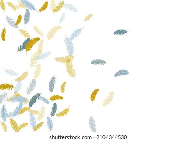 Tender silver gold feathers vector background. Plumage trendy fashion shower decor. Detailed majestic feather on white design. Decoration confetti of carnival plumelet.