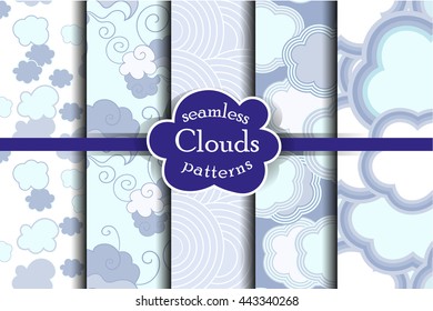 Tender sky seamless pattern set. Cartoon sky and clouds vector illustration. Blue heaven collection.
