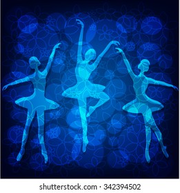 Tender snowflake ballet dancers on blue background with pattern.