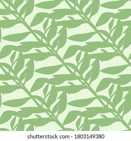 Tender soft seamless pattern with foliage elements. Green botanic ornament on light background. Designed for wallpaper, textile, wrapping paper, fabric print. Vector illustration.