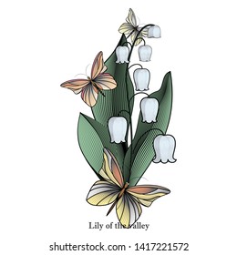 Tender sprig of lily of the valley surrounded by butterflies
