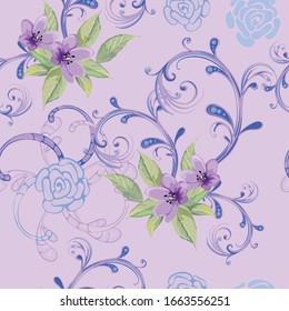 Tender spring flowers on pink background, pattern for silk and paper,vector drawing,violet,blue colors.