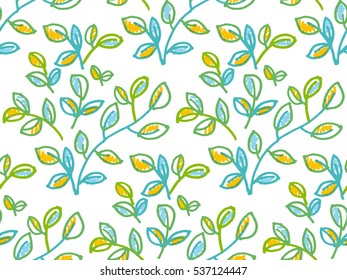 Tender spring foliage seamless vector pattern in hand drawn shabby style on white background. Floral natural leaves repeatable motif for wrapping paper, fabric, backgrounds.  Ditsy print