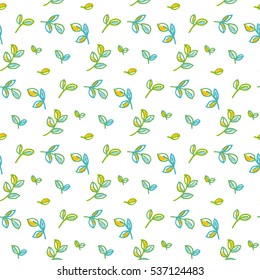 Tender spring foliage seamless vector pattern in hand drawn shabby style on white background. Floral natural leaves repeatable motif for wrapping paper, fabric, backgrounds. 