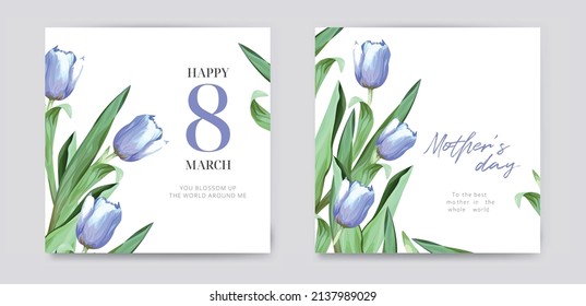 Tender spring Mother's Day, woman's day vector art card template design. Elegant editable watercolor hand drawn purple tulip flowers, greenery leaves bouquet illustration. Floral frame, stylish border