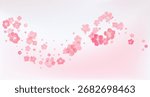 Tender spring pink flower flow. Delicate scent of woman perfume. Aroma of cherry blossoms. Floral air vortex. Magic spring dust petals splash. Background for gift, card, package. Vector illustration.