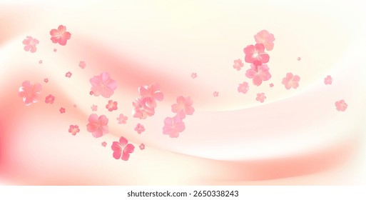 Tender spring pink flower flow. Delicate scent of woman perfume. Aroma of cherry blossoms. Floral air vortex. Magic spring dust petals splash. Background for gift, card, package. Vector illustration.