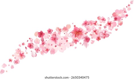 Tender spring pink flower flow. Delicate scent of woman perfume. Aroma of cherry blossoms. Floral air vortex. Magic spring dust petals splash. Background for gift, card, package. Vector illustration.