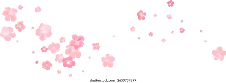 Tender spring pink flower flow. Delicate scent of woman perfume. Aroma of cherry blossoms. Floral air vortex. Magic spring dust petals splash. Background for gift, card, package. Vector illustration.