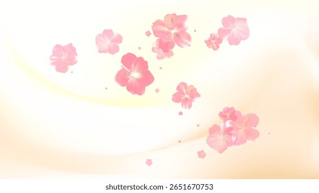 Fluxo de flor rosa de primavera tenra. Cheiro delicado de perfume de mulher. Cheiro de flores de cerejeira. Vórtice de ar floral. Pétalas de poeira de primavera mágica salpicam. Plano de fundo para presente, cartão, pacote. Ilustração vetorial.
