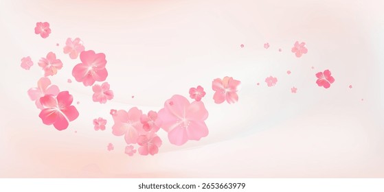 Fluxo de flor rosa de primavera tenra. Cheiro delicado de perfume de mulher. Cheiro de flores de cerejeira. Vórtice de ar floral. Pétalas de poeira de primavera mágica salpicam. Plano de fundo para presente, cartão, pacote. Ilustração vetorial.