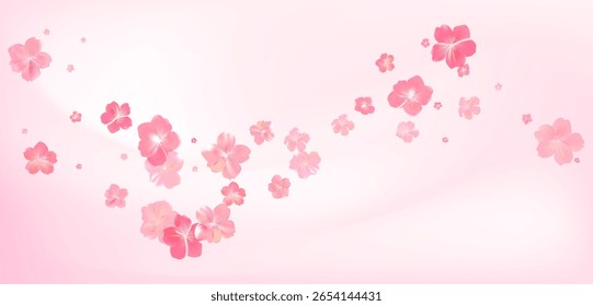 Fluxo de flor rosa de primavera tenra. Cheiro delicado de perfume de mulher. Cheiro de flores de cerejeira. Vórtice de ar floral. Pétalas de poeira de primavera mágica salpicam. Plano de fundo para presente, cartão, pacote. Ilustração vetorial.