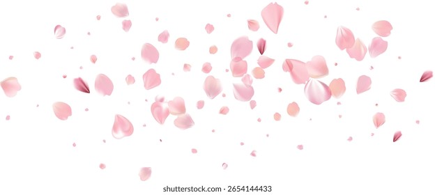Fluxo de flor rosa de primavera tenra. Cheiro delicado de perfume de mulher. Cheiro de flores de cerejeira. Vórtice de ar floral. Pétalas de poeira de primavera mágica salpicam. Plano de fundo para presente, cartão, pacote. Ilustração vetorial.