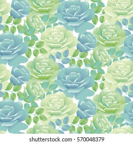 tender spring roses vector illustration. abstract pale blue and green color floral design repeatable element. Seamless pattern for fabric or wrapping paper and background