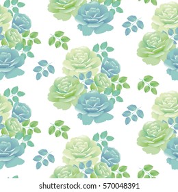 tender spring roses vector illustration. abstract pale blue and green color floral design repeatable element. Seamless pattern for fabric or wrapping paper and background