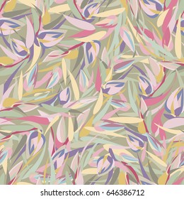 Tender spring seamless pattern with floral motifs. Colorful sprigs with leaves and buds placed on light green background. Green, yellow, pink pastel colors, halftones. Watercolor effect.
