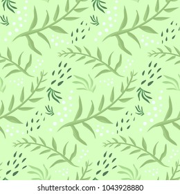 Tender spring seamless pattern with green leaves and dots. Cute floral botanical texture with hand drawn doodle leaves for textile, wrapping paper, print design, background, surface
