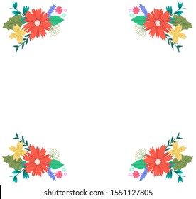 Tender square floral wreath with colorful doodle flowers and leaves. Summer cute childish floral arc frame for birthday and anniversary greeting cards, banner design, spring event decoration