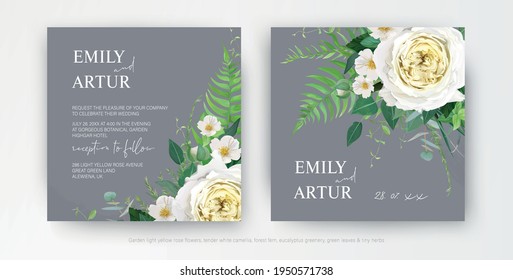 Tender stylish vector floral wedding invite, watercolor save the date card template design. Light yellow rose, white camellia flower greenery tropical forest fern leaf, green eucalyptus bouquet border