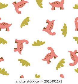 Tender summer seamless pattern of red dinosaurs and green grass. Design for T-shirt, textile and prints. Hand drawn vector illustration for decor and design.