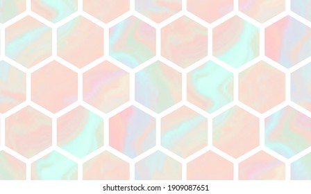Tender Teal And Coral Geometric Seamless Pattern With Gradient Marble Hexagons. Abstract Pink And Blue Background For Textile, Wrapping Paper, Surface, Wallpaper Design
