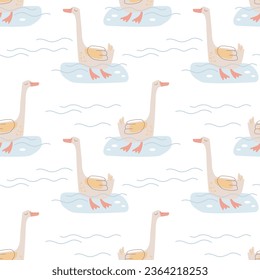 Tender Textur für Kinder Textilien mit schlafenden Cartoons. Vektornahtloses Muster mit einem schwimmenden Vogel.